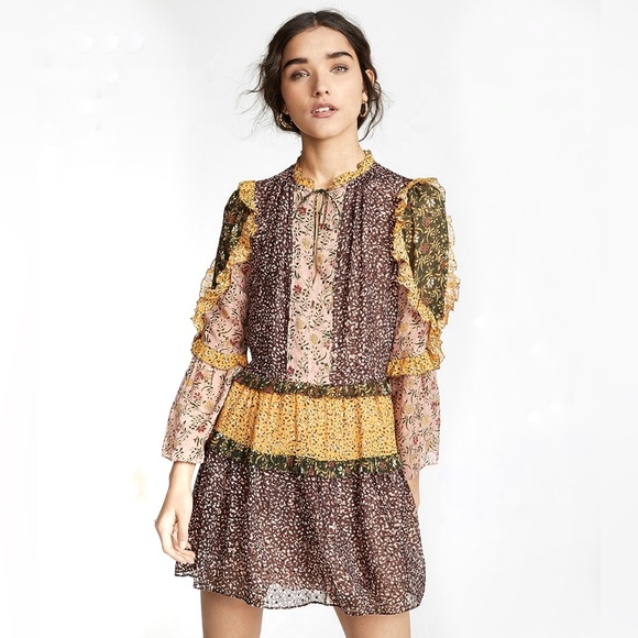 BOHO Fall Ruffle Floral Bohemian Mini Dress Size 4 - Picture 14 of 15